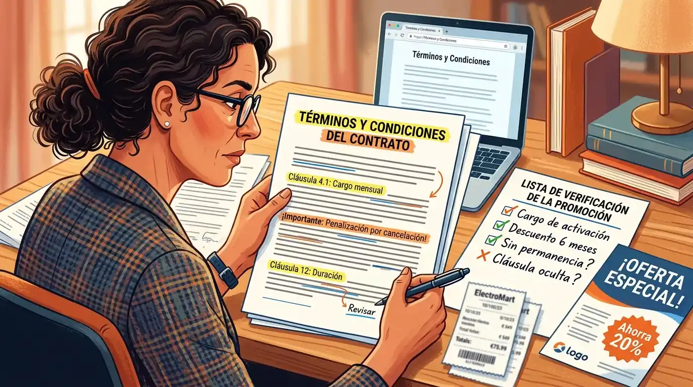 Persona revisando condiciones de contrato y promoción antes de aceptar
