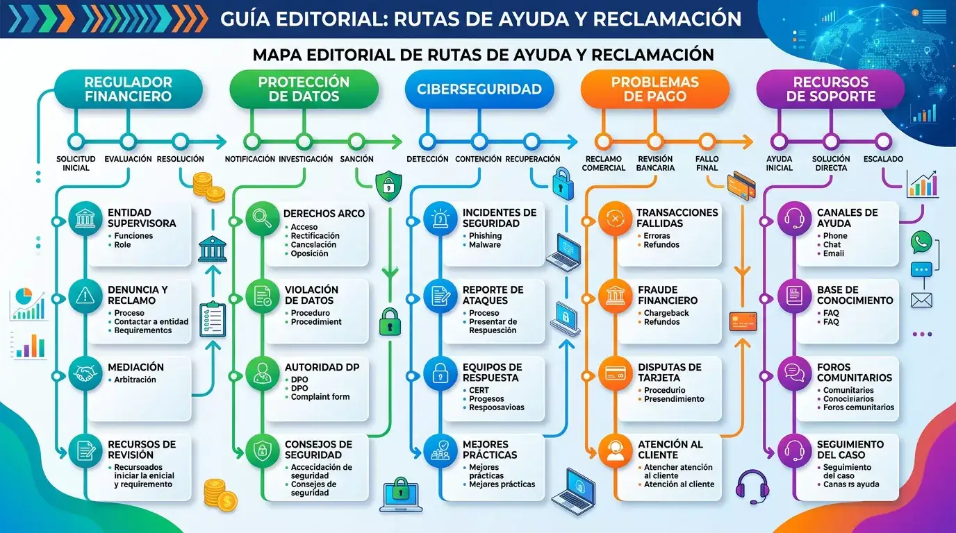 Rutas de ayuda, reclamación y protección de datos organizadas en una mesa